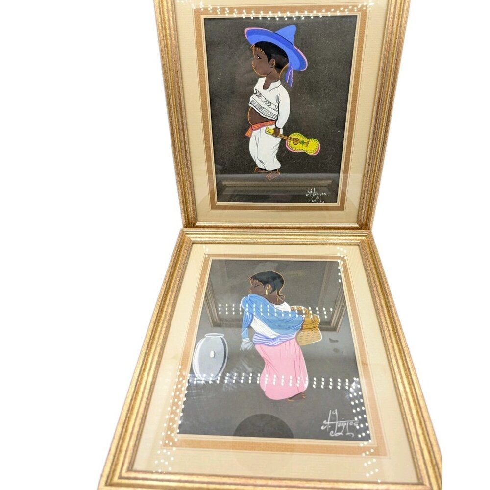 Pair 2 framed Artwork Signed Mexican South American Children Southwest 10"x 12"